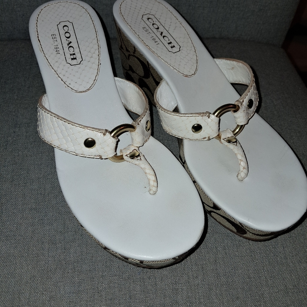 Classic Coach Signature (Size 6 Medium) 'Evita' White Gold Leather Wedge Sandals